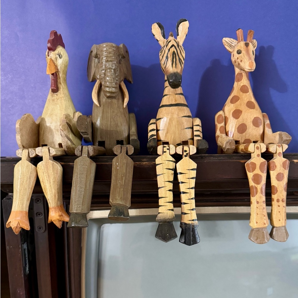 Vintage 4 Folk Art Primitive Wood Shelf Sitter Zebra Chicken Elephant Giraffe
